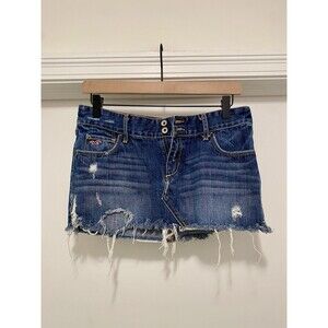 Vintage Y2K Denim Micro Mini Skirt Low Rise Size 5 Hollister Raw Hem Distressed